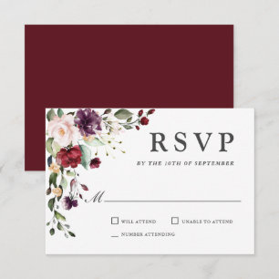 Romantic Burgundy and Plum Floral Wedding RSVP Kaartje