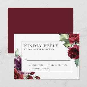 Romantic Burgundy and Plum Floral Wedding RSVP Kaartje