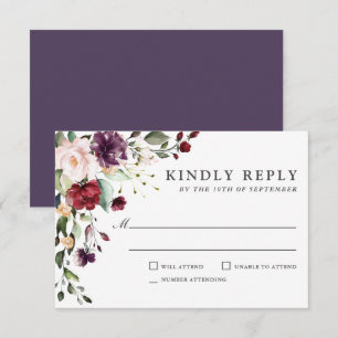 Romantic Burgundy and Plum Floral Wedding RSVP Kaartje