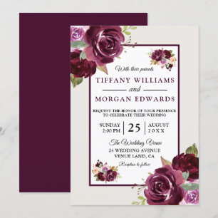 Romantic Burgundy Berry Flowers Elegant Wedding Kaart