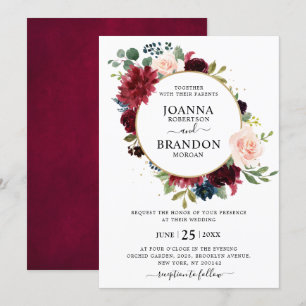 Romantic Burgundy Blush Navy Blue Floral Wedding Kaart