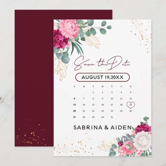 Romantic Burgundy Blush Pink Floral Save the Date (Voorkant / Achterkant)