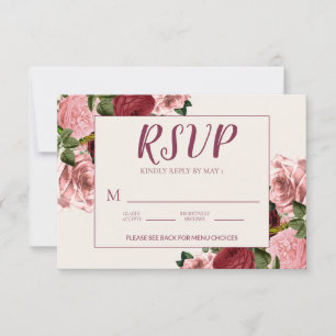 Romantic Burgundy Blush Pink Floral Wedding RSVP Kaartje