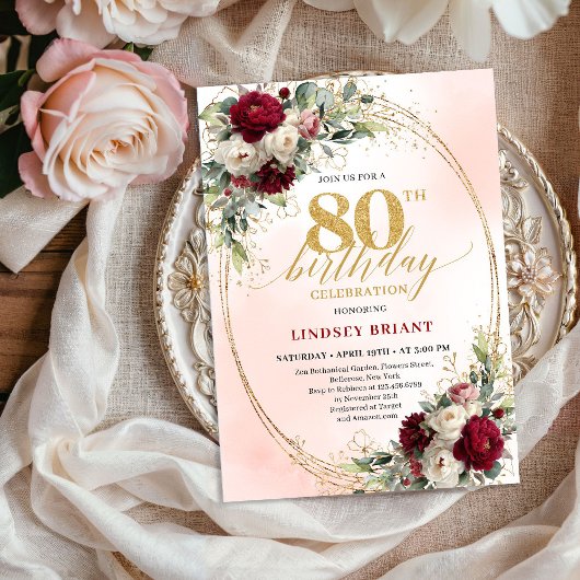 Romantic Burgundy Boho Floral 80th Birthday Invite Kaart