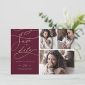 Romantic Burgundy Calligrafie 3 Foto Collage Save The Date (Staand voorkant)