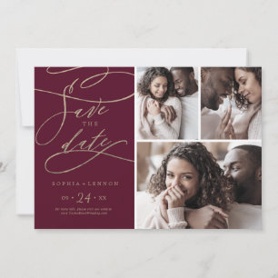 Romantic Burgundy Calligrafie 3 Foto Collage Save The Date