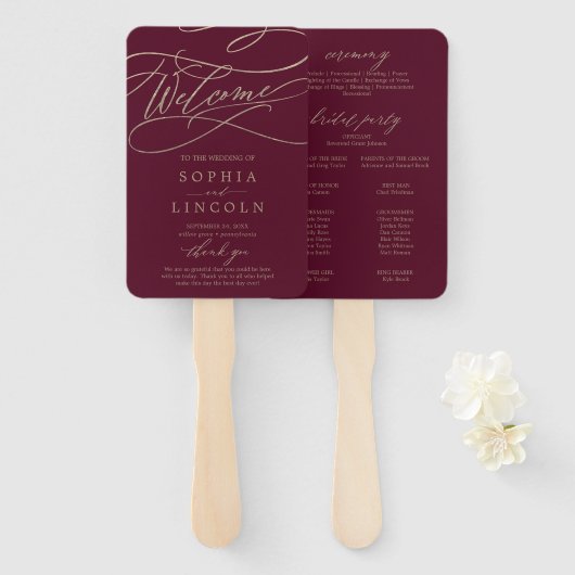 Romantic Burgundy Calligraphy Wedding Programme Fa Handwaaier (Voorkant en achterkant)