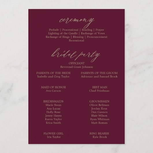 Romantic Burgundy Calligraphy Wedding Programme Programma (Achterkant)