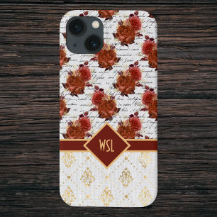 Romantic Burgundy en Blush Rozen op Gold Damask iPhone 13 Hoesje