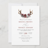 Romantic Burgundy Floral Antlers QR Code Wedding Kaart (Voorkant)