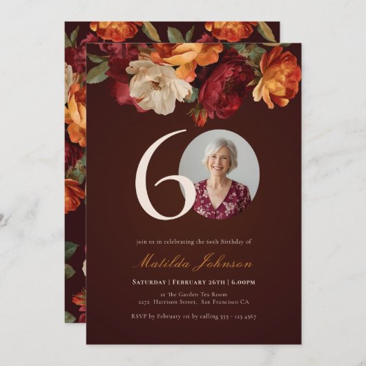 Romantic Burgundy Floral Photo 60th Birthday Kaart (Voorkant / Achterkant)