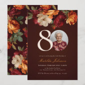 Romantic Burgundy Floral Photo 80th Birthday Kaart (Voorkant / Achterkant)