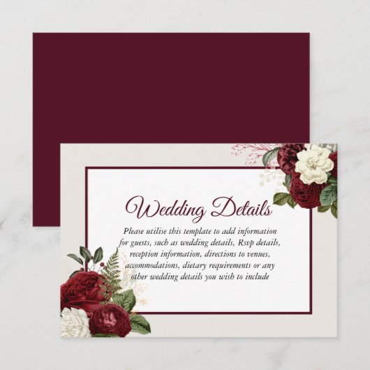 Romantic Burgundy Floral Wedding Reception Details Kaart (Voorkant / Achterkant)