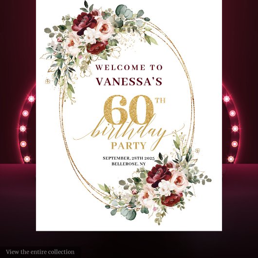 Romantic Burgundy Gold Floral 60th Birthday Banner Wandkleed