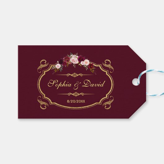 Romantic Burgundy Marsala Floral Fall Wedding Cadeaulabel (Voorkant (Horizontaal))
