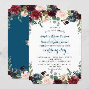 Romantic Burgundy Navy Blue Blush Floral Wedding Kaart