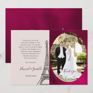 Romantic Burgundy & Pink Eifel Tower Couple Foto Bedankkaart