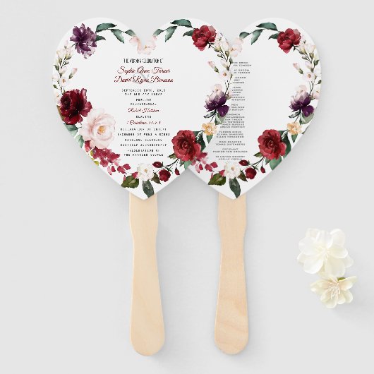 Romantic Burgundy Pink Floral Wedding Programme Handwaaier (Voorkant en achterkant)