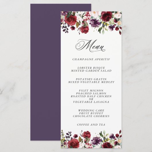 Romantic Burgundy Plum en Blush Floral Menu (Voorkant / Achterkant)