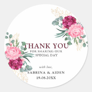 Romantic Burgundy Red   Blush Pink Floral Wedding Ronde Sticker