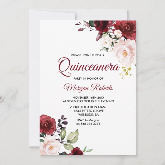 Romantic Burgundy Red Flowers Quinceanera Kaart (Voorkant)