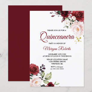 Romantic Burgundy Red Flowers Quinceanera Kaart