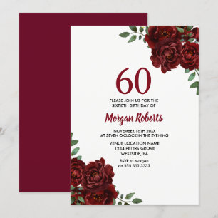 Romantic Burgundy Red Rose 60th Birthday Invite Kaart