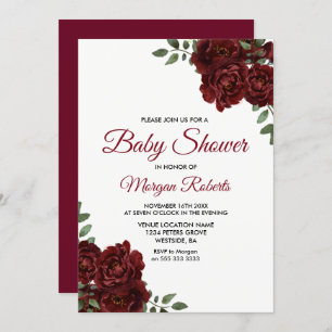 Romantic Burgundy Red Rose Baby shower Invite Kaart