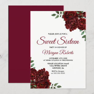 Romantic Burgundy Red Rose Sweet Sixteen Invite Kaart