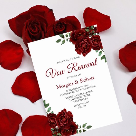 Romantic Burgundy Red Rose Vow Renewal Invite Kaart