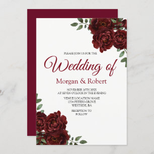 Romantic Burgundy Red Rose Wedding Invitation Kaart