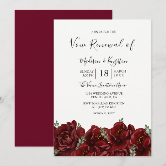 Romantic Burgundy Roos Vow Renewal Uitnodiging (Voorkant / Achterkant)