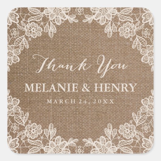 Romantic Burlap Lace Rustic Wedding Bedankt Vierkante Sticker (Voorkant)