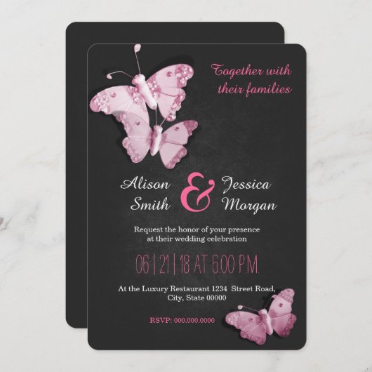 Romantic Butterflies wedding invitation (Devant / Derrière)