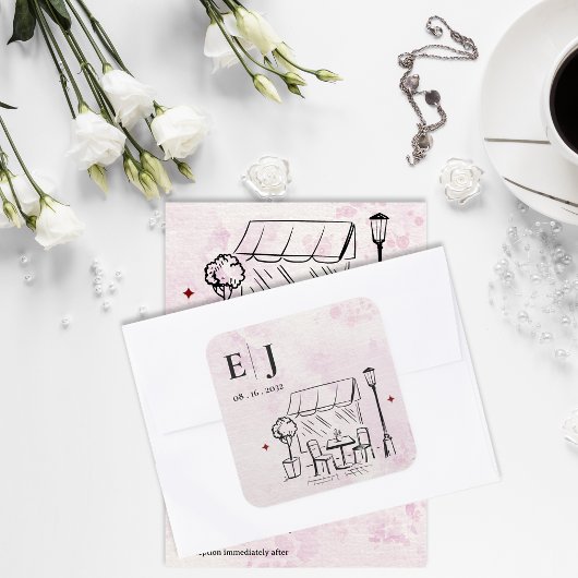 Romantic Café Illustration Wedding Monogram Vierkante Sticker