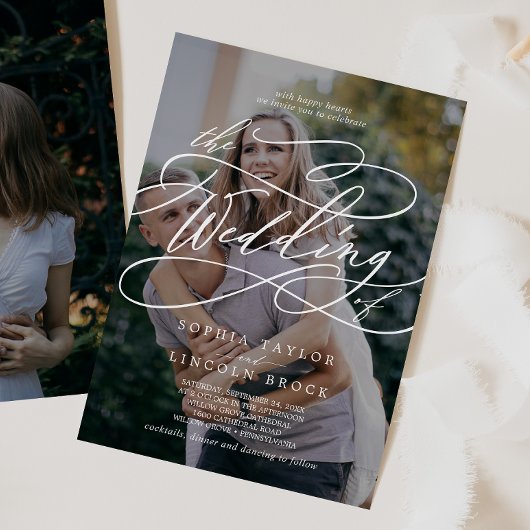 Romantic Calligraphy Dark Photo Flourish Wedding Kaart