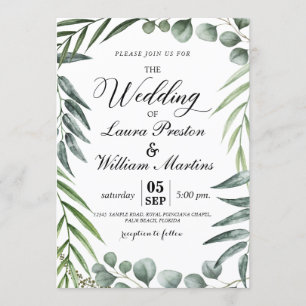 Romantic Calligraphy Greenery Leaves Wedding Kaart