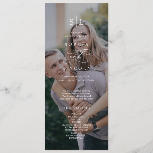 Romantic Calligraphy Monogram Dark Photo Weddensch Programma (Voorkant)