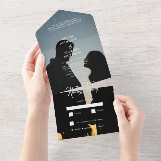 Romantic Calligraphy Monogram Photo Weddenschap All In One Uitnodiging (Afscheurbaar)