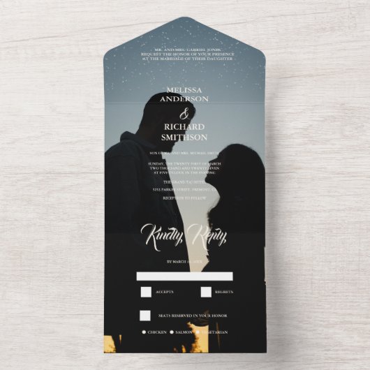 Romantic Calligraphy Monogram Photo Weddenschap All In One Uitnodiging (Binnen)