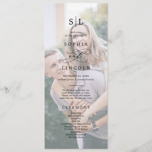 Romantic Calligraphy Monogram Photo Weddenschap Programma (Voorkant)