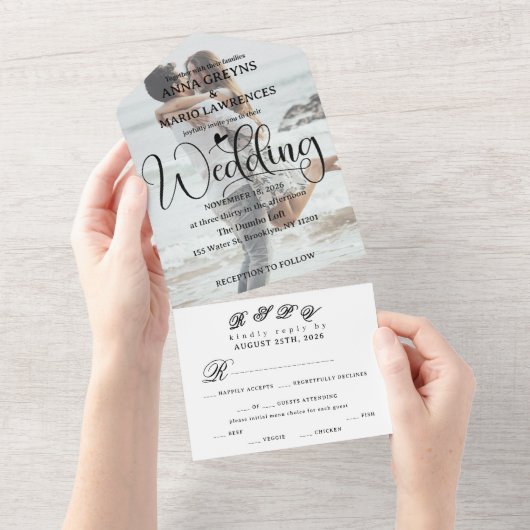 Romantic Calligraphy Monogram Photo Wedding  All In One Uitnodiging (Afscheurbaar)