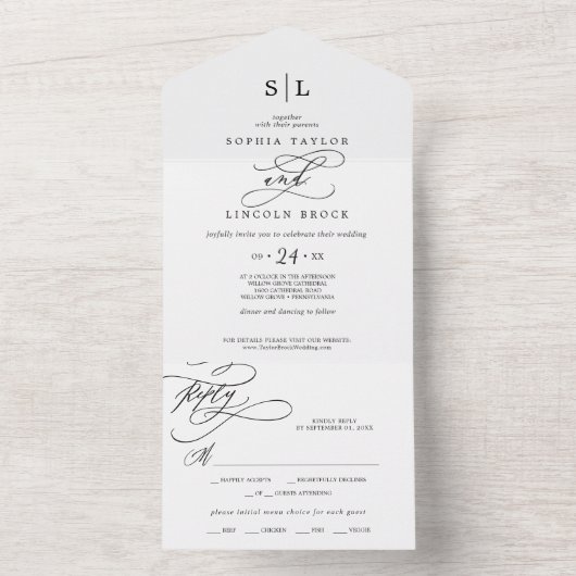 Romantic Calligraphy Monogram Wedding All In One Uitnodiging (Binnen)