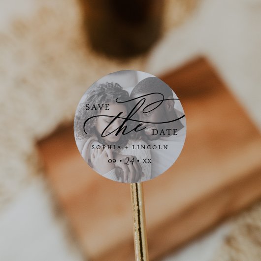 Romantic Calligraphy Names Photo Save the Date Ronde Sticker
