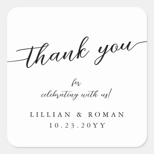 Romantic Calligraphy Script Black & White Wedding Vierkante Sticker (Voorkant)
