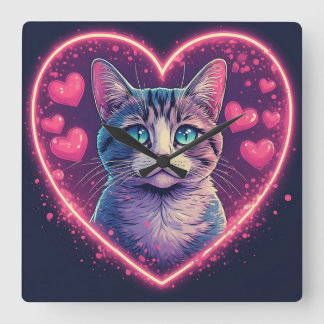 Romantic Cat Lover Gift | Aesthetic Neon Animal Vierkante Klok