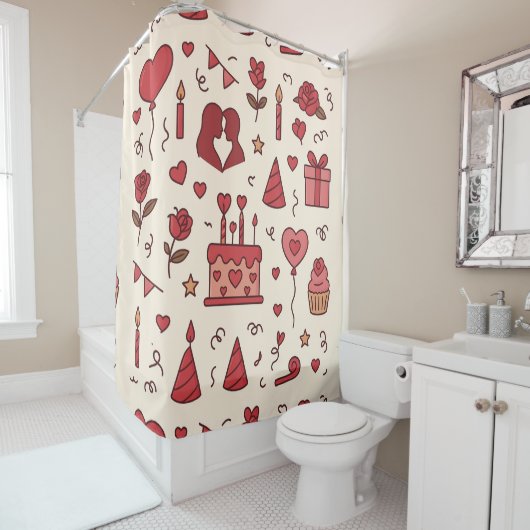 Romantic Celebration Doodle Pattern Douchegordijn (In situ)