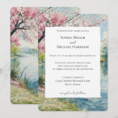 Romantic Cherry Blossom Floral Lake Wedding Kaart (Voorkant / Achterkant)