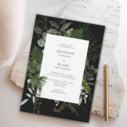 Romantic Chic Black Greenery Forest Wedding Kaart