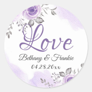 Romantic Chic Pastel Paars Floral Love Script Ronde Sticker